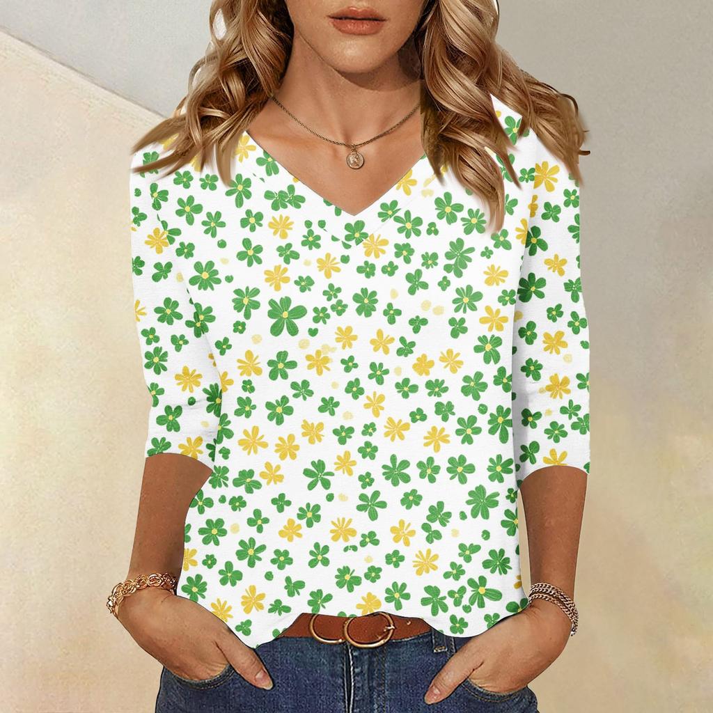 Women's Tops Three-quarter Sleeve Shirt V-neck Loose Casual Shirt Floral Printed T-shirt