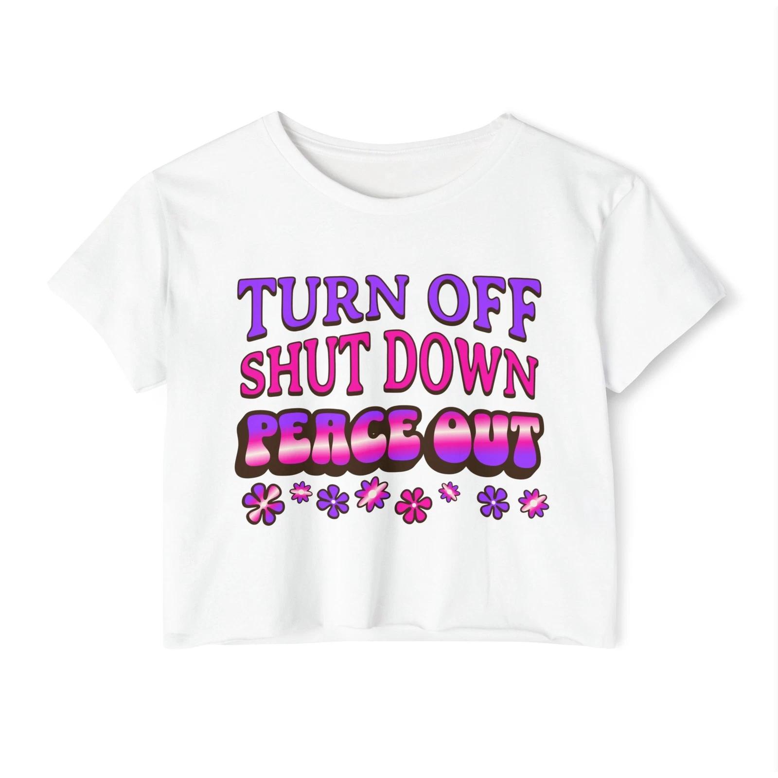 Turn off, shut down, peace out! Cute crop tee in pink and purple L