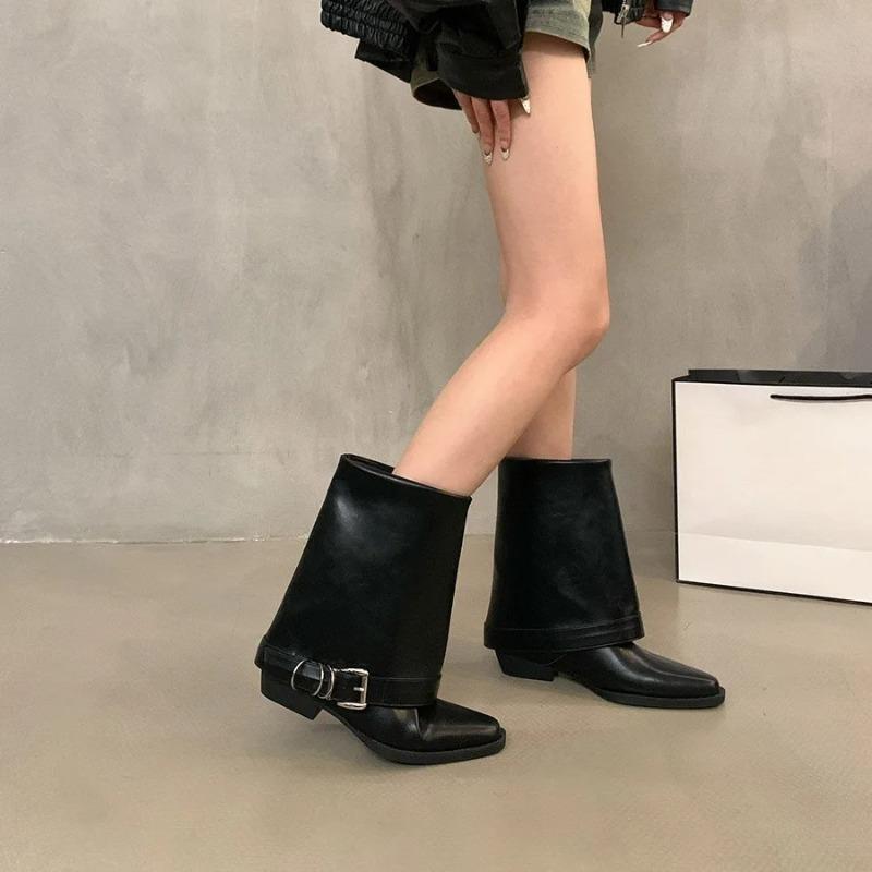 Women's Metal Buckle Pointed Toe Mid Calf Boots with Block Heel Faux Leather Rubber Sole Autumn Winter Fashion Boots