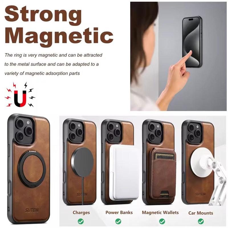 Strong Magnetic Compatible MagSafe Wireless Charging 360° Rotating Ring Stand PU Leather Phone Case For iPhone 16 15 14 13 12 Pro Max Plus