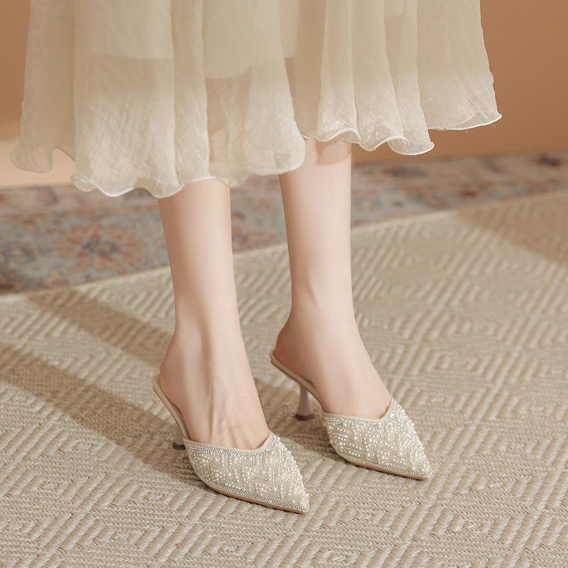 

pointed head bag head rhinestone high heels women s sandals spring women s shallow mouth thin heels outer wear not tired feet single shoes women 34 абрикосовый