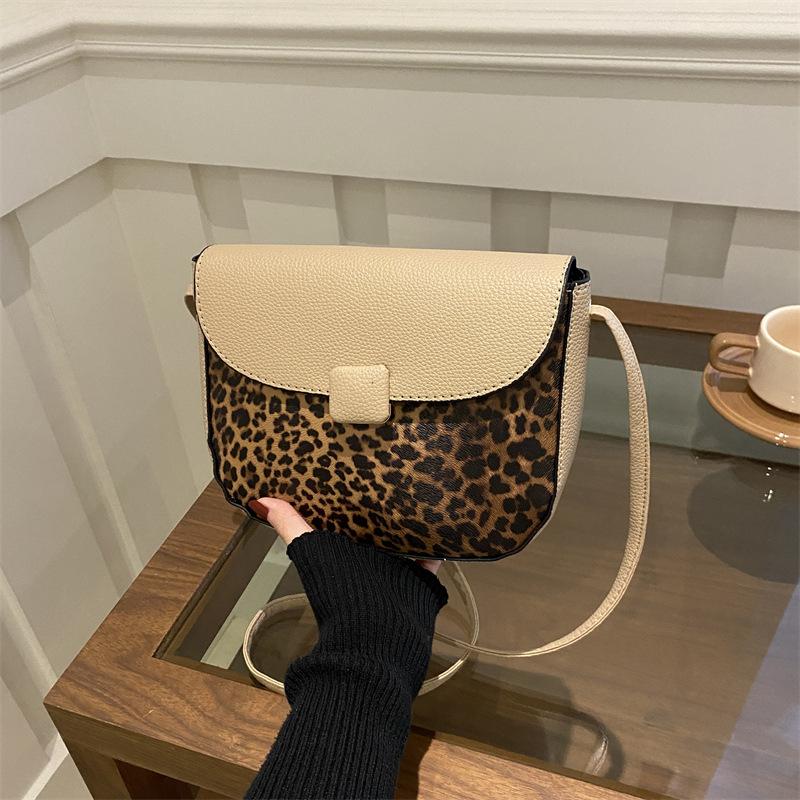 Niche Design Simple Saddle Bag Trendy Versatile Small Square Bag Wide Shoulder Strap Leopard Print Single Shoulder Messenger Bag