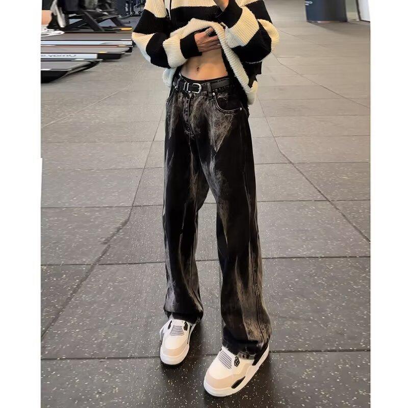Black Tie-dye Jeans Autumn and Winter Men's Trendy Brand Ruffian Handsome Fried Street Micro-pull Pants American Straight Scimitar Pants