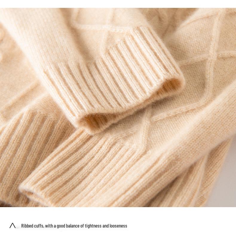 2025 Autumn Women's High Neck Cable Knit Cashmere Sweater - Loose Fit with Diamond Pattern
