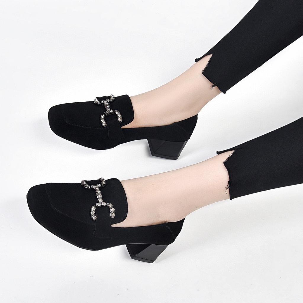 Square Head High Heels Women's Spring New Black Sheepskin Thick Heel Single Shoes Square Heel Rhinestone Women's Leather Shoes