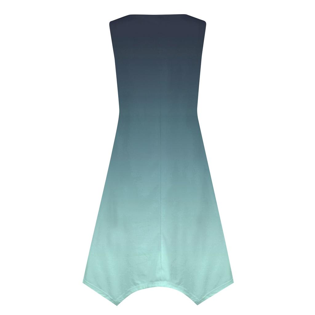 Lässiges, modisches Damen-Midikleid mit Rundhalsausschnitt, ärmellosem Aufdruck und unregelmäßigem Saum