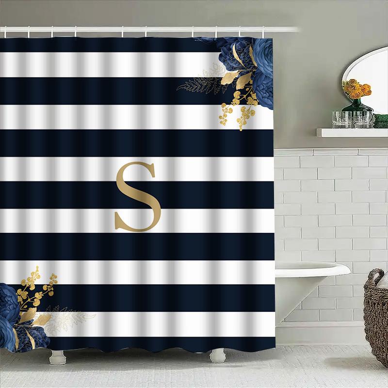 Blue Striped Shower Curtain With Gold Letter 'S' Decoration For Bathroom White And Blue Floral Design Waterproof Fabric Hanging