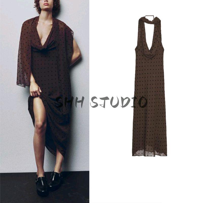 Summer New Product Women's Clothes Sexy Wind Ruched Decoration Hanging Collar Polka Dot Scarf Length Dress 3067232