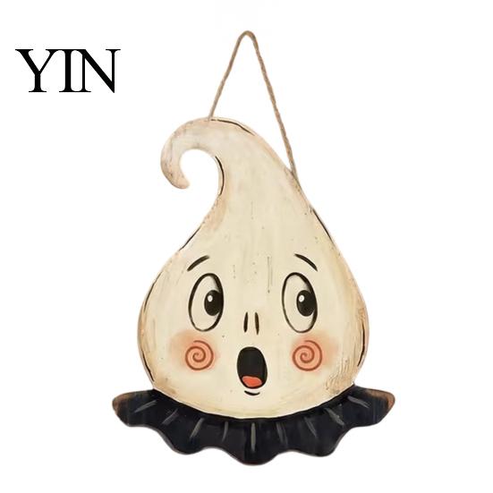 Outdoor Ghost Door Decorations Halloween Wooden Hanging Pendant with Lanyard, Retro Ghost/Pumpkin/Skull/Black Cat Black Wall Art for Front Porch Party