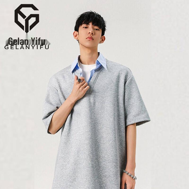 GELANYIFU Men s Summer Faux Two-Piece Shirt Collar Short Sleeve T-Shirt XL