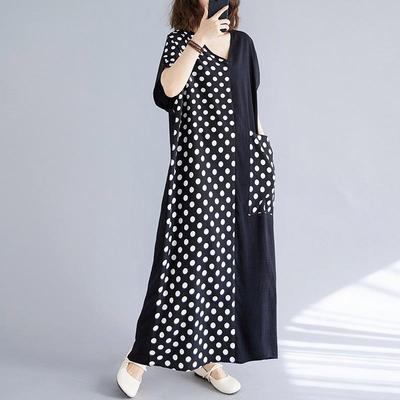 Short Sleeve Plus Size Black Vintage Patchwork Dot New In Dresses for Women Casual Loose Long Summer Dress