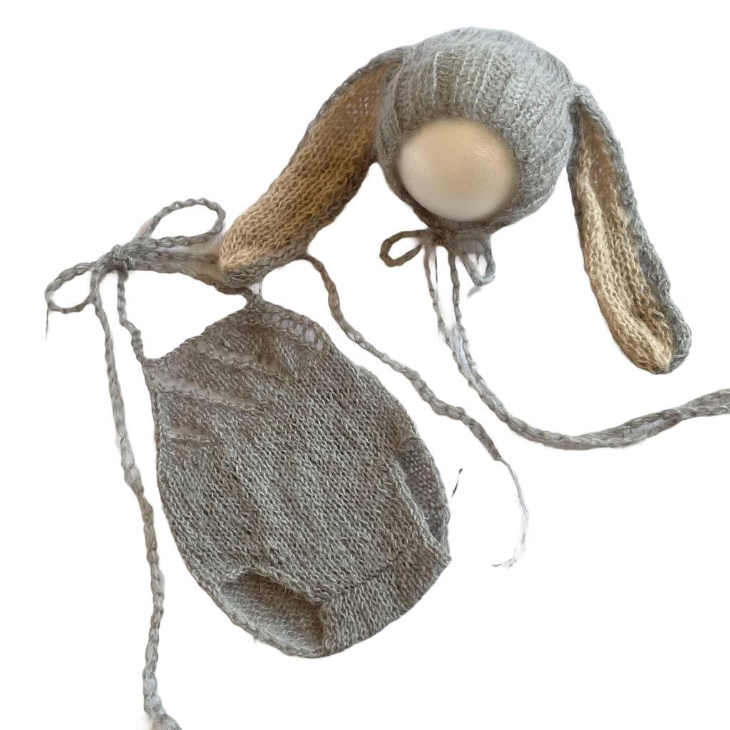 Bunny Ear Hat and Knitted Overalls for Newborn and Monthly Photoshoots [NANA's Shop] Photoshoots, Bonnet, (Gray)