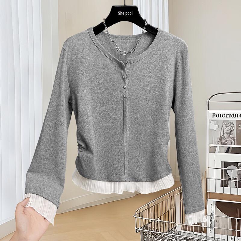 Women s Ruffle Color Block Pleated Long Sleeve Top M