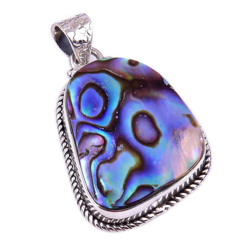 Natural Abalone Shell Gemstone 925 Solid Sterling Silver Gift Pendant 1.50" T0K07