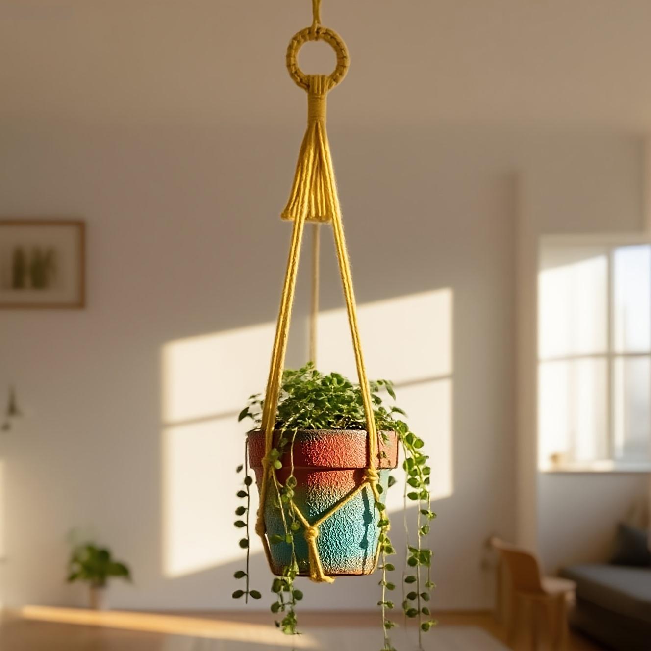 A Lightweight And Sturdy Indoor Flower Pot in a Bohemian Design Featuring a Woven Hanging Basket with Various Colors And Tassel Accents A