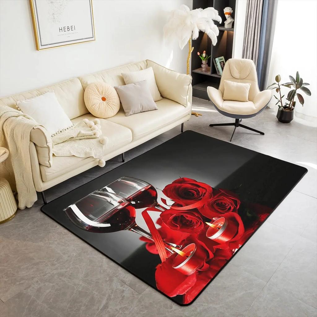 Carpet for Living Room Romantic Black White Red Rose Flower Painting Area Rug Abstract Non-Slip Bedside Floor Mats Home Decor