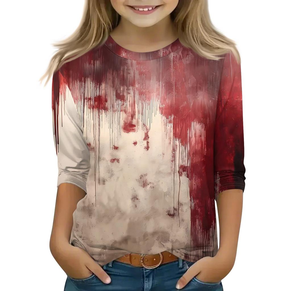 Kinder 3/4-Ärmel Tops Lässiges Halloween-Print T-Shirt Rundhals Pullover Bluse