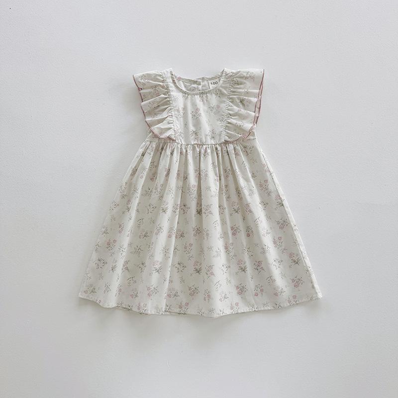 Girls Summer Floral Dress Elegant Round Neck Flutter Sleeve Children Skirt 90cm