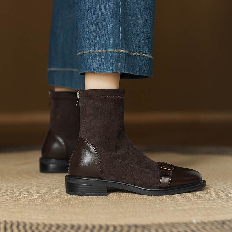 Krazing Po Microfiber Flock Winter Round Toe Size 33 Chelsea Boots Size 43 Zipper Metal Buckle Low Heels Ankle Boots