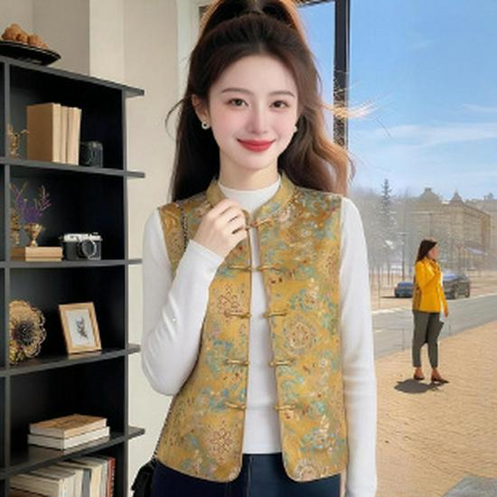 

Elegant Retro Jacquard Vest with Frog Button for Moms - Age-Reducing, Stylish Outerwear for Middle-Aged and Elderly Women 4XL жовтий