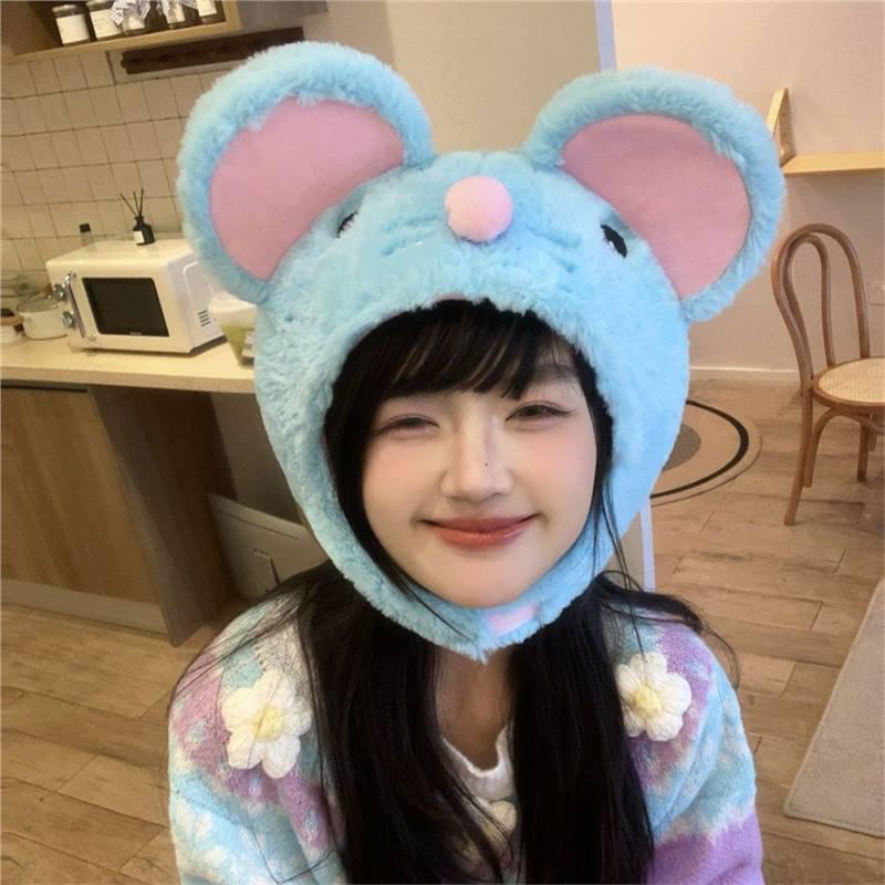 

Милая плюшевая шапка в виде голубой мышки для женщин - Очаровательный дизайн мультяшной куклы для осени/зимы 2025 One Size (54-60cm)
