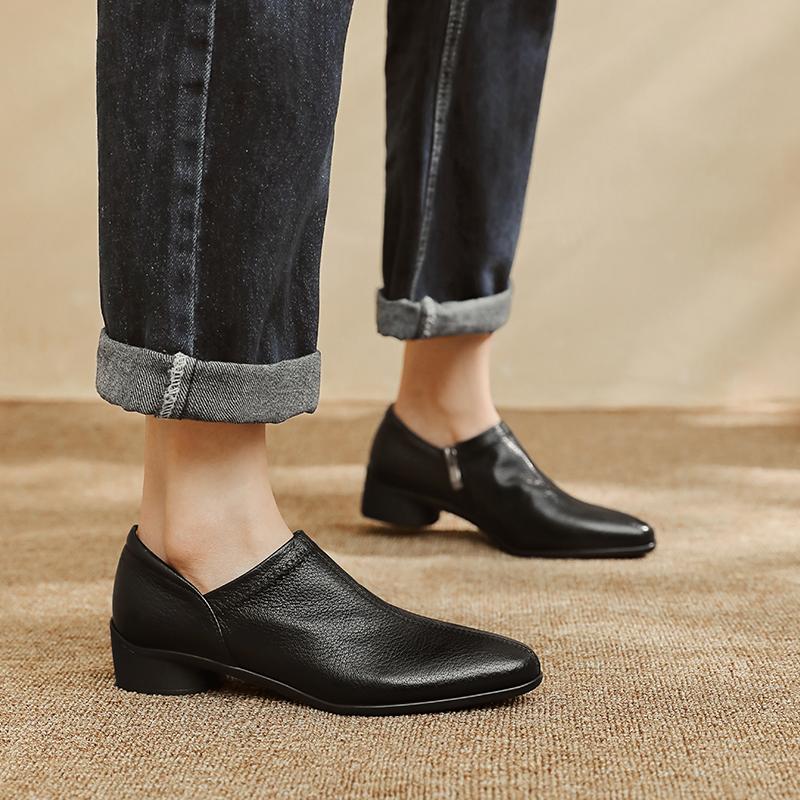 Fashion 2025 Spring New Women Pumps Retro Women Shoes Genuine Leather Slip-on Ladies Shoes Thick Heels Round Toe Causal Dress Shoes