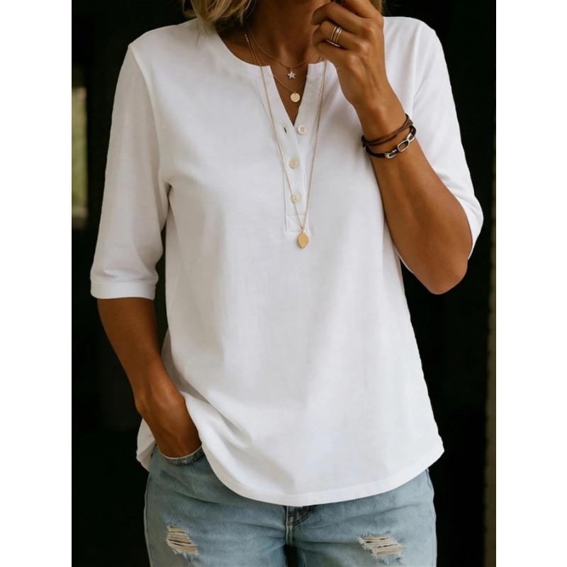 Women's Light Blue 3/4 Sleeve Henley T-Shirt