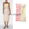 Summer New Product Women's Clothes Ruched Decorative Heart-Shaped Collar Print Silk Net Bandeau One-Shoulder Dress 3152353
