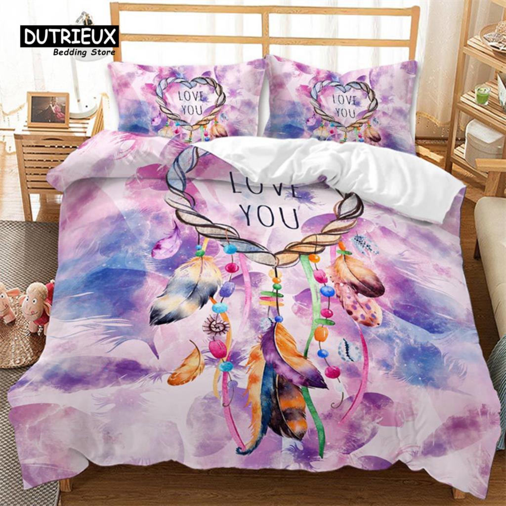 Traumfänger Bettbezug Set 2/3-teilig King Boho Bettwäsche Set Mikrofaser Federmuster Böhmischer Bettdeckenbezug mit Kissenbezügen