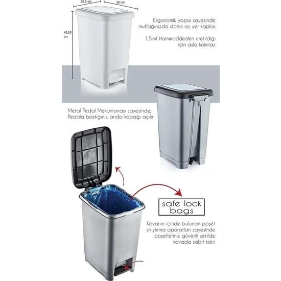 Şenyayla 4283 Slim Pedal Plastic Waste Bin with Black Lid 40 Lt