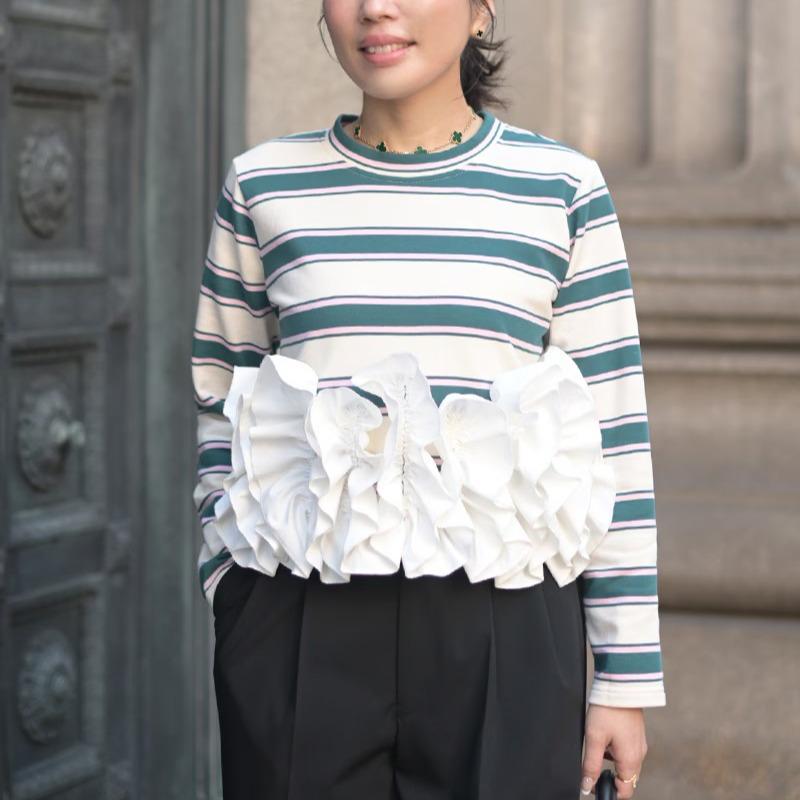 Frühjahr 2026 Damen Gestreiftes Patchwork Besticktes Floral Knöpfe Langarm Oberteil