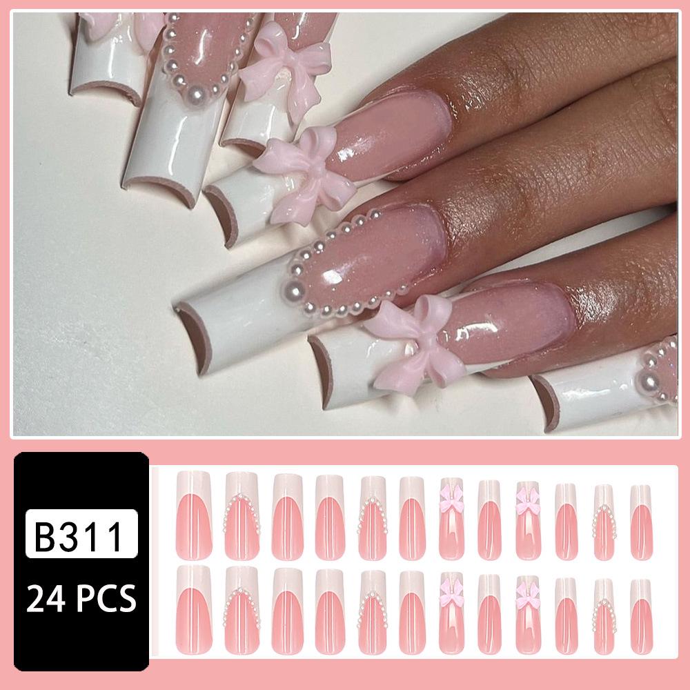 French White Pearl Bow Manicure Removable False Nails