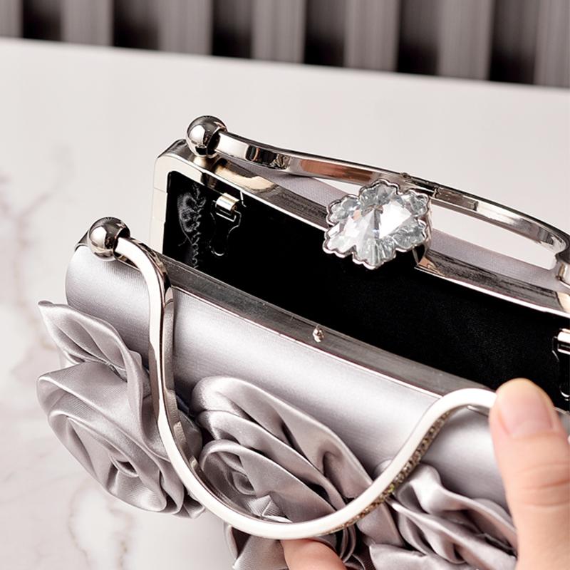Wine Red Bag Flower Silk Elegant Handbags for Ladies Shoulder Diamond Hasp Luxury Brands Clutches High Quality Bride Women's Bag