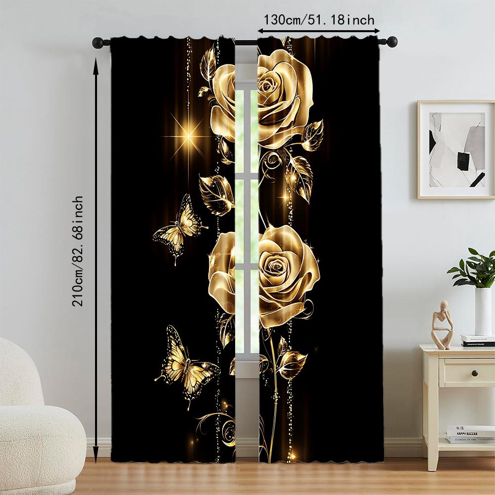 2Pcs Gold Rose And Butterfly Window Curtain Protect Privacy Bedroom Living Room Decorative Curtain Valentine'S Day Romantic Gift