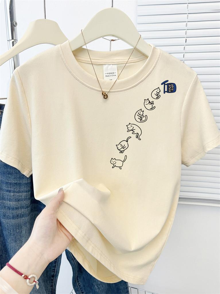 Women's Round Neck Short Sleeve T-Shirt Loose Fit Japanese Korean Casual Cute Cat Graphic Print Basic Tee Fashion Slim Fit Summer Daily Blouse Top