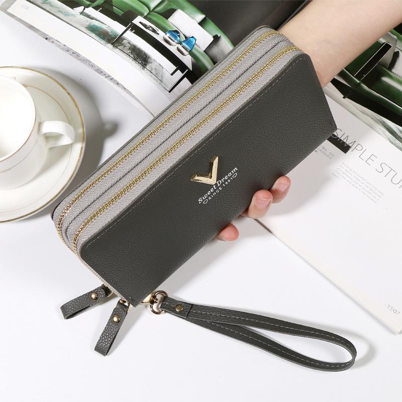 New Fashionable Double-layer Double-zipper Wallet Soft Leather Lychee Pattern Clutch Bag Niche Women's Long Mobile Phone Bag