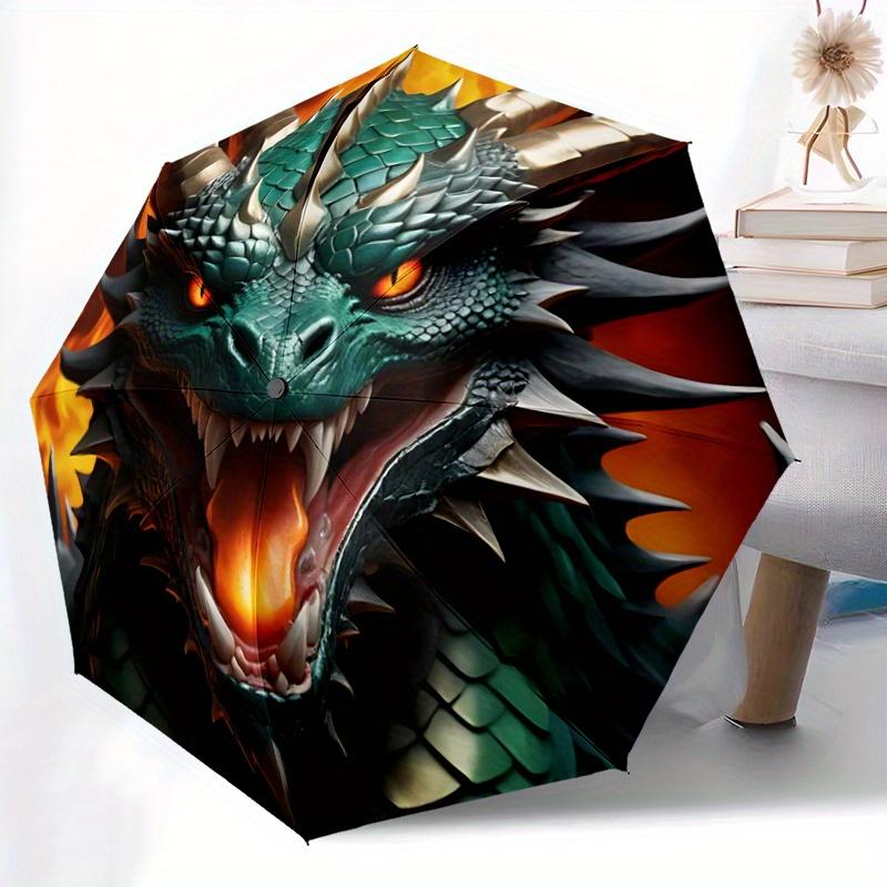 1pc Fiery Green Dragon Automatic Opening and Closing Umbrella, Lightweight 3-Fold, With Cute Cartoon Characters, Suitable for Home, Outdoor and D