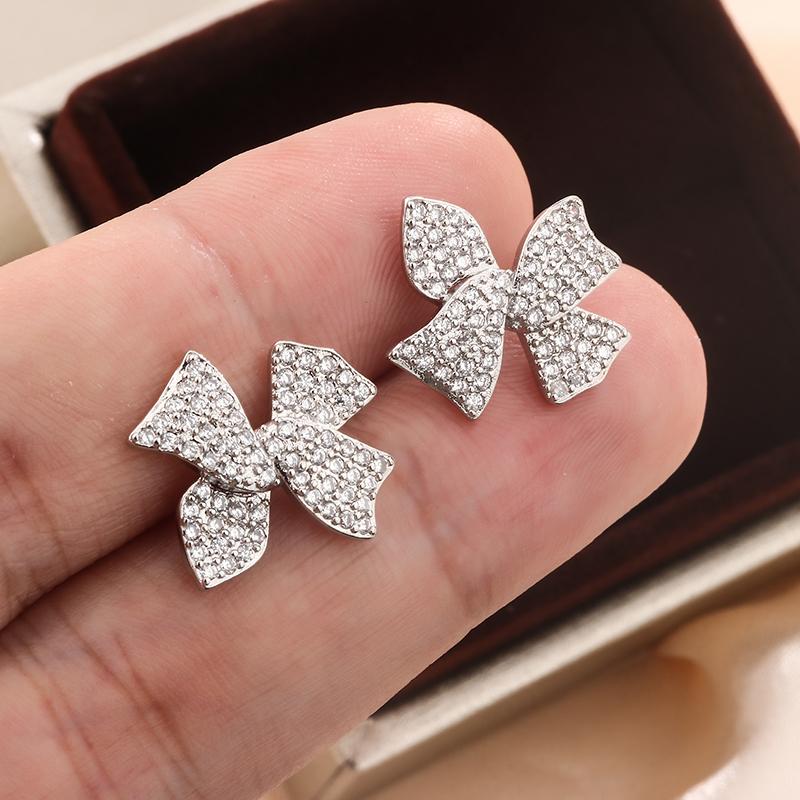 

Нежные и элегантные женские серьги-пусеты с бантиками, полностью инкрустированные бриллиантовым цирконом, ювелирные украшения, подарок для вечеринки, золотые серьги белый