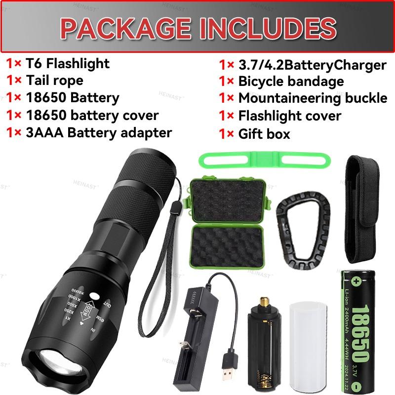 High Power T6 LED Flashlights Camping Torch 5 Light Modes Zoom Light Aluminum Alloys Waterproof Material External 18650 Battery