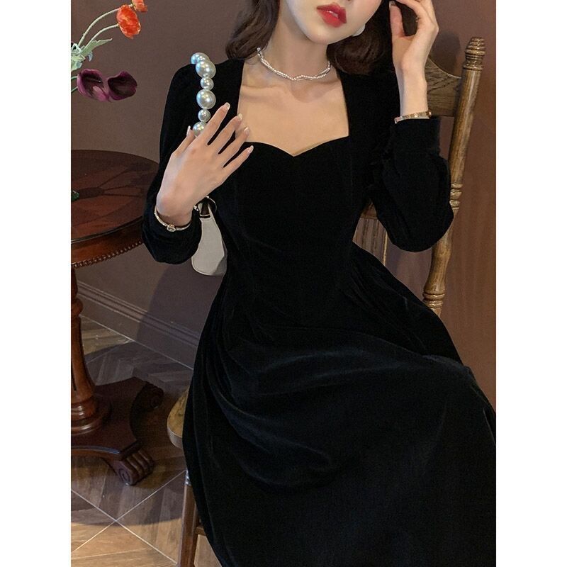 Little Black Dress Golden Velvet Dress Women's New Temperament Waist Celebrity Style Dress