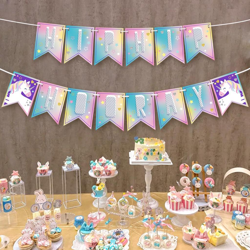 Unicorn Macaron Gradient "HIP HIP HOORAY" Birthday Banner Decoration Supplies