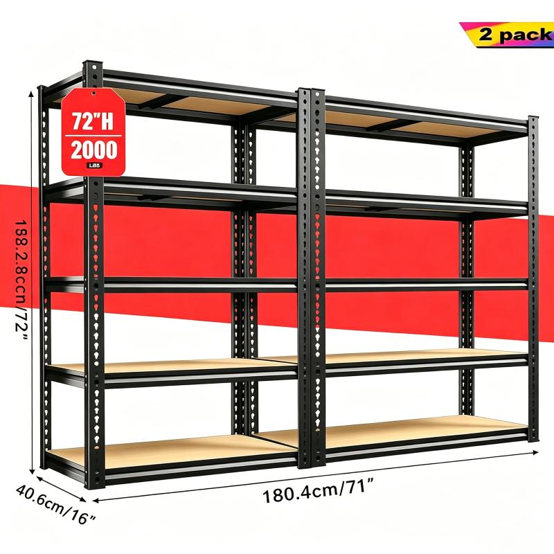 60/72 Inch Two-piece Heavy Duty Storage Shelves, 2000LBS Capacity Metal Shelving Unit, Adjustable Garage Shelves & Organizer with Overlap Design for