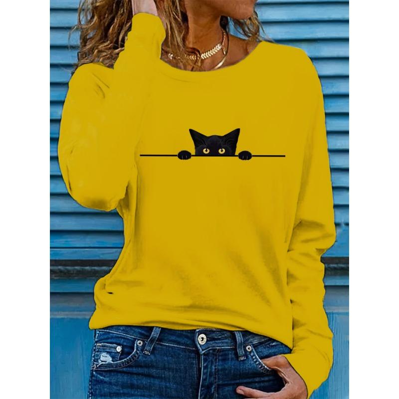 Women's spring and autumn comfortable casual fashion long sleeved cat graphic printed round neck T-shirt