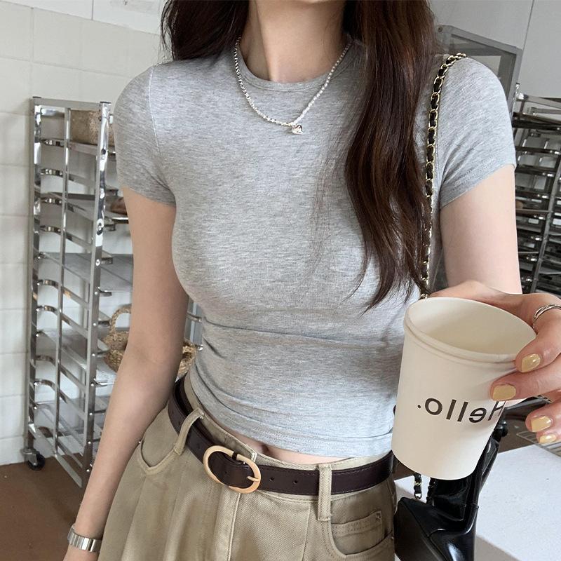 Small Round Neck Short-sleeved T-shirt Women's Warm Season and Summer New Slim-fitting and Thin Versatile Elastic Top