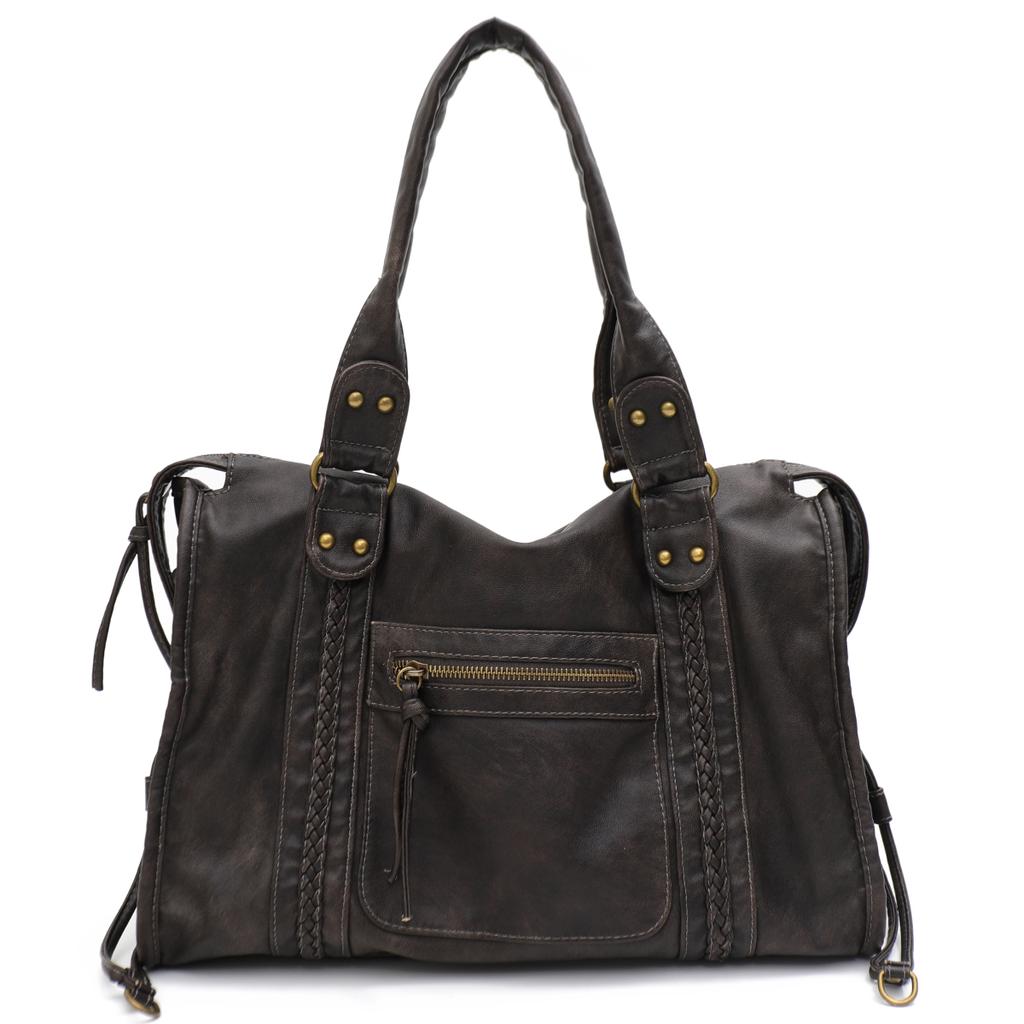 Vintage Washed PU Leather Large Capacity Tote Zip Pockets Braid Decor Shoulder Cross body Bag Unisex Women Daily Travel Handbag