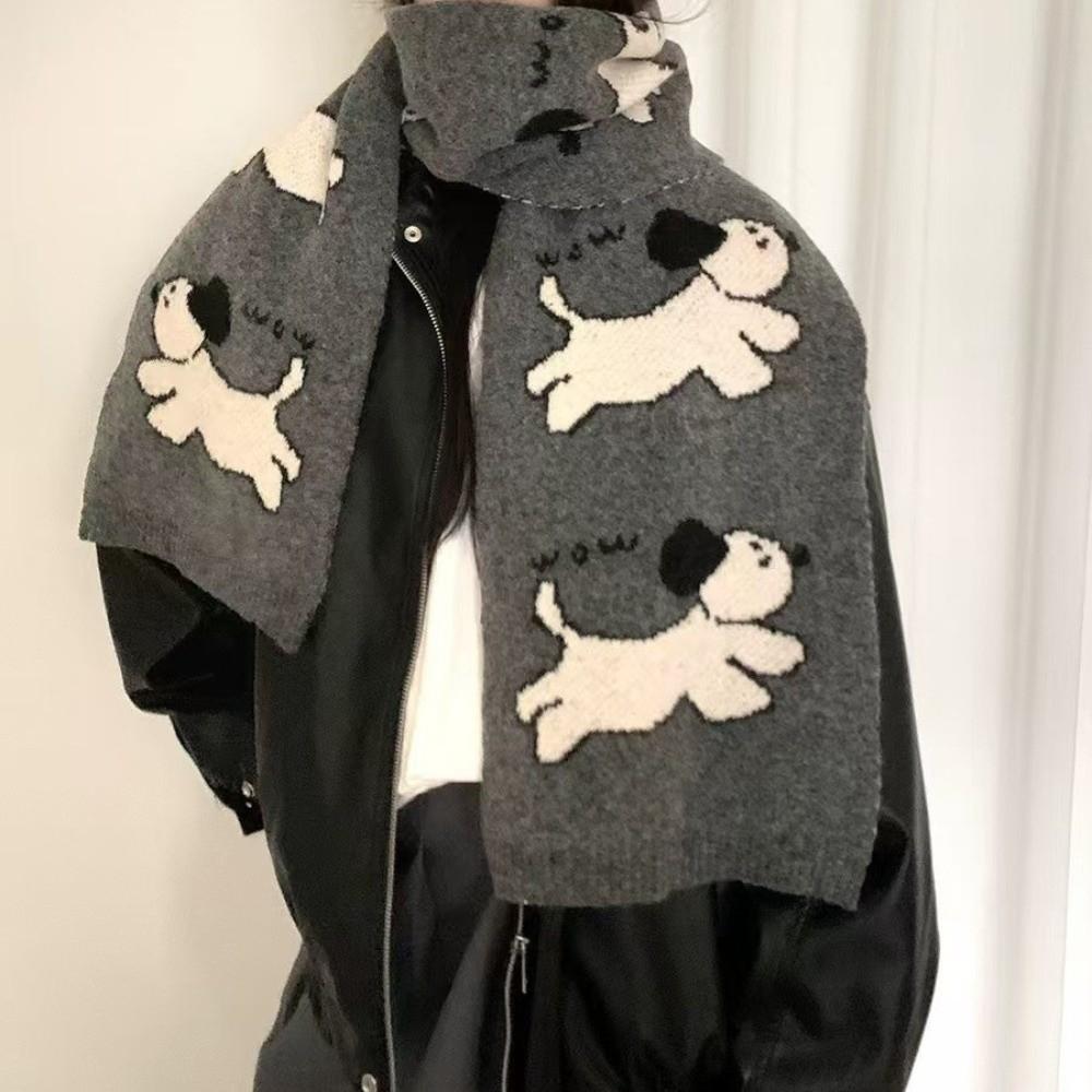 Korean Style Cashmere Blend Scarf Lightweight Knitted Shawl Fashion Puppy Pattern Scarf Gift