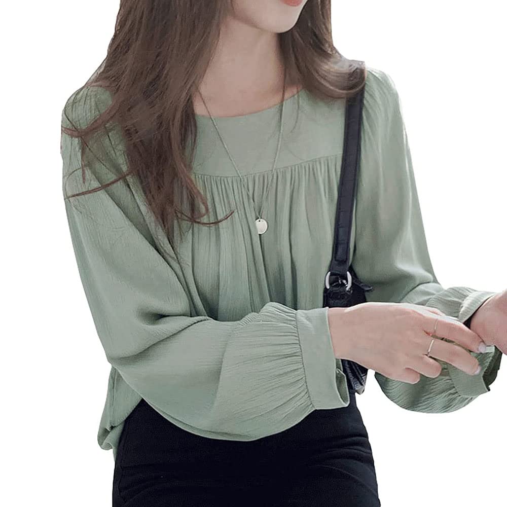 

[SYitong] Flowy Chiffon Long-Sleeve Shirt Top for Women, Lightweight, Korean Style, Cute, Spring/Autumn, Square Neck, Office, Commuting, School, Casua