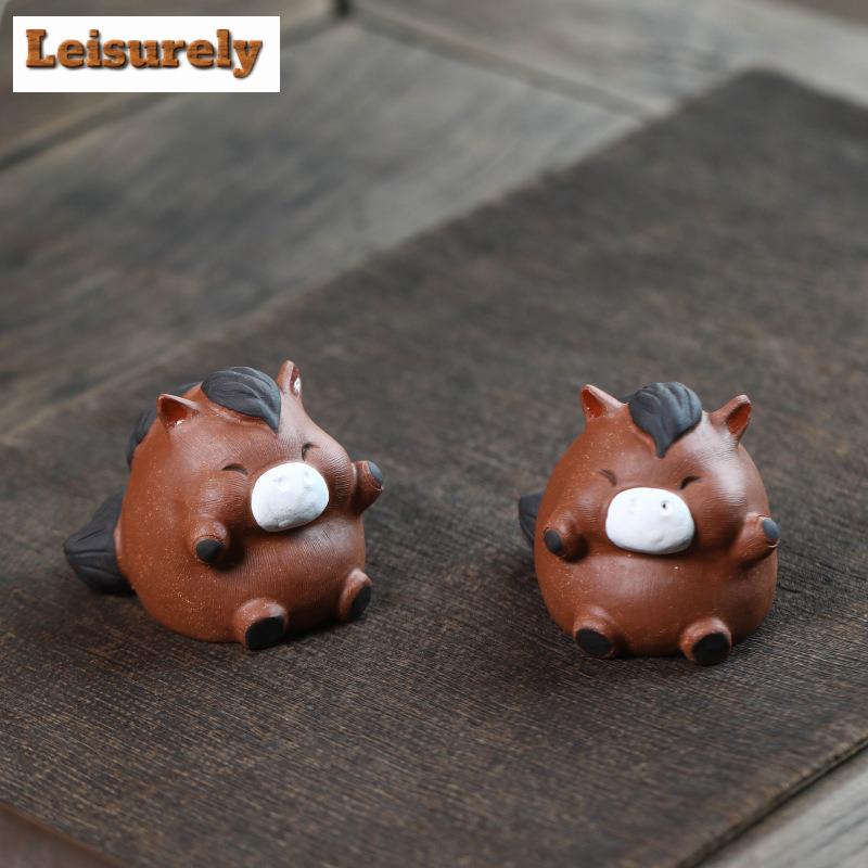 Yixing Purple Clay Cute Heart Wide Fat Body Horse Tea Pet Handmade Tea Spirit Tea Figurine Play Toys Tea Statue Ornaments Craft