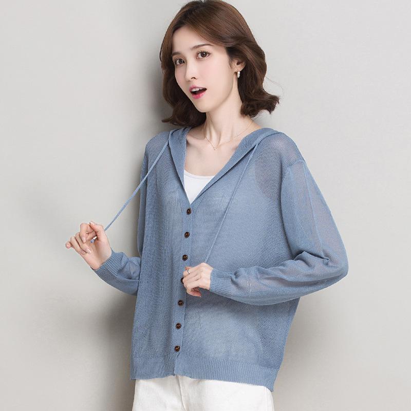 Ice Silk Knitted Cardigan Women's Coat Hooded Lace Up Sun Protection Jacket Shawl Spring and Summer Thin Style Solid Color Loose Fit