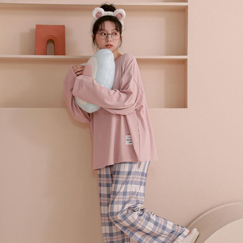 Sleepwear Loungewear Women Long-Sleeved Tide Korean Version of The Plaid Student Nightwear Homewear Two-Piece Girl Pajamas Set